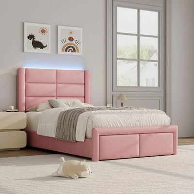 Bed Frame with Headboard and LED Lights,Modern Faux Leather Bed Frame with Wooden Slats Support and Duty Mattress Foundation