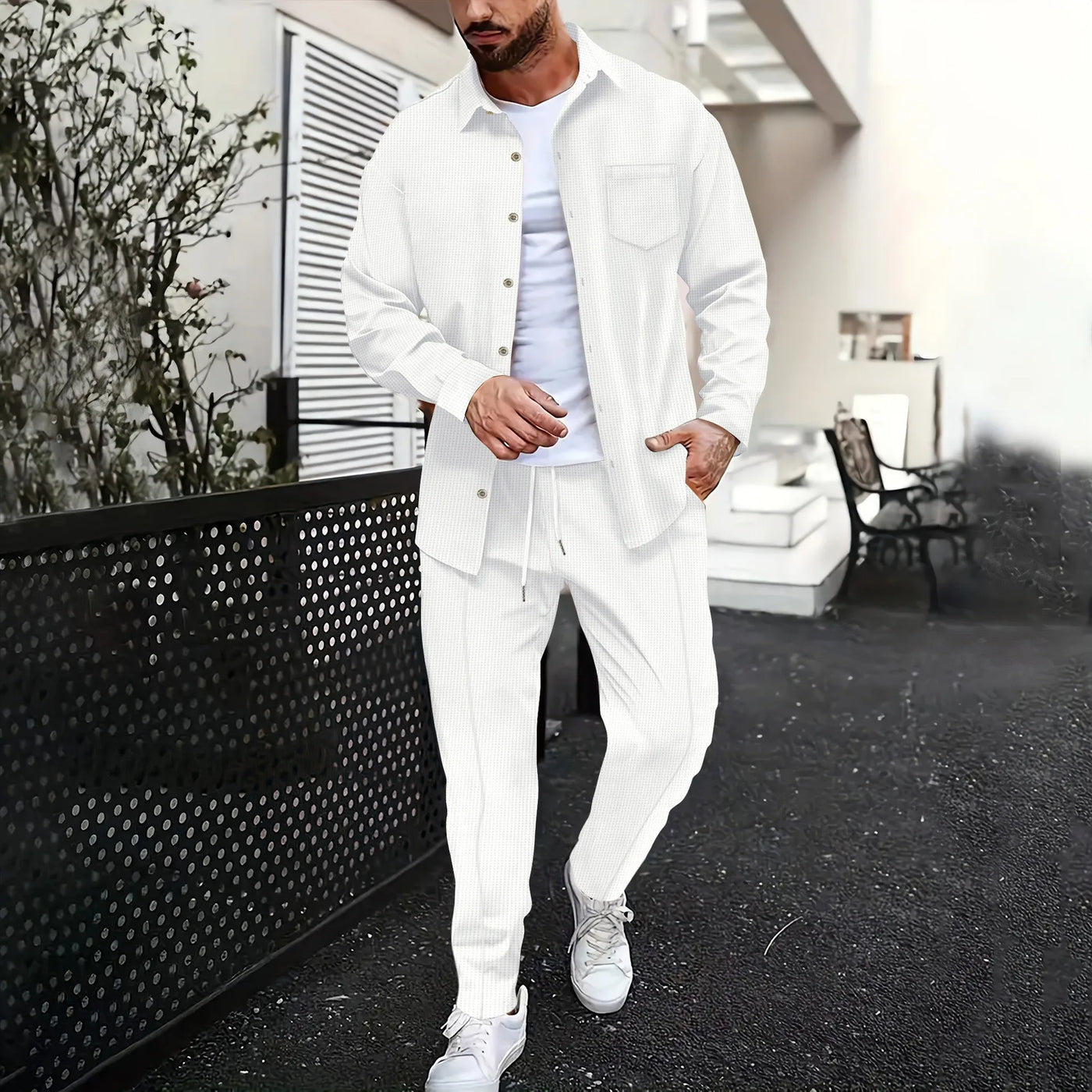 2025 Spring and autumn new men's daily casual waffle cardigan long-sleeved shirt two pants suit