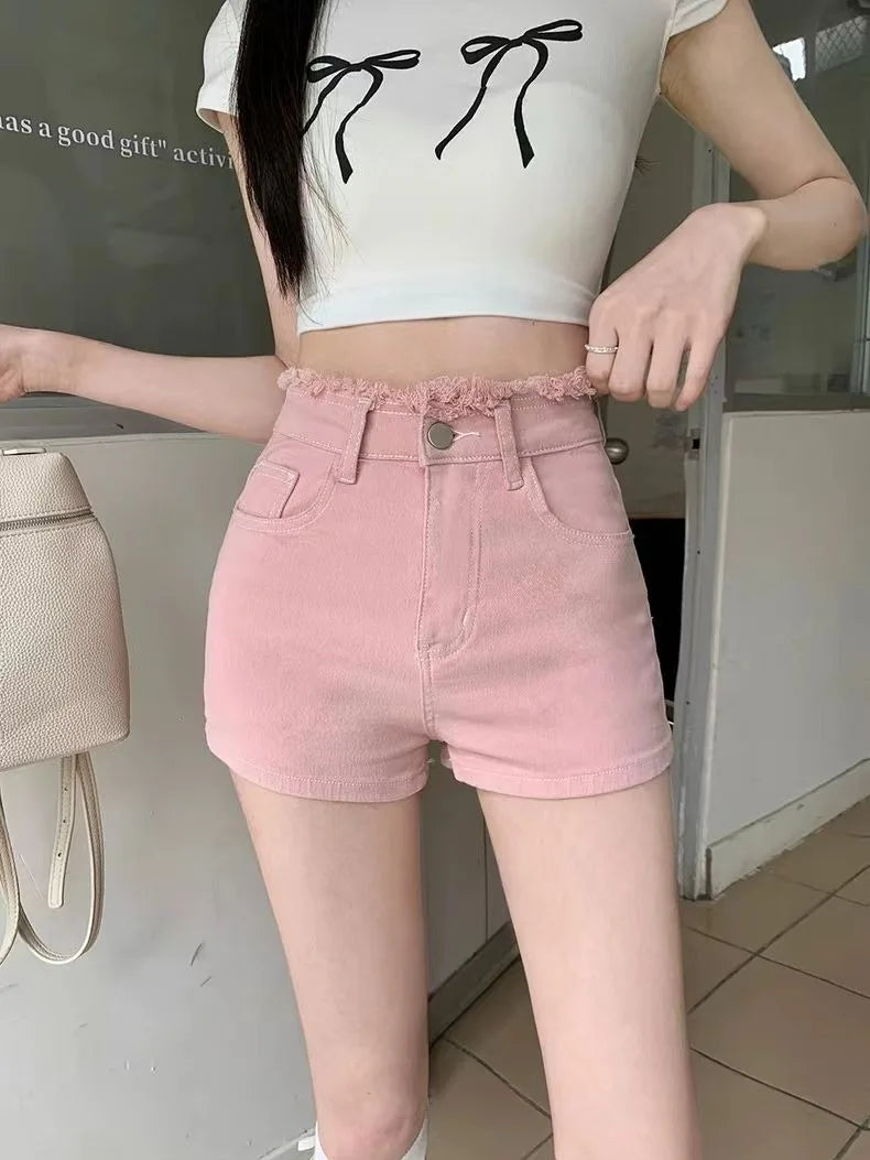Women's Sweet Bow Denim Shorts Tassel Embroidery American Spice Summer High Waist Temperament Skinny Straight Pants Sexy Shorts