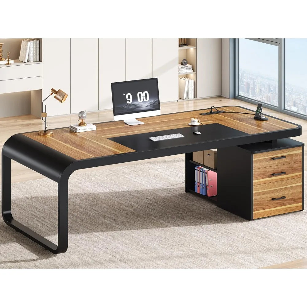 70.9" Executive Desk, Office Desk with Drawers and Lateral File Cabinet, Computer Desk with Removable Shelves and Power Outlet,