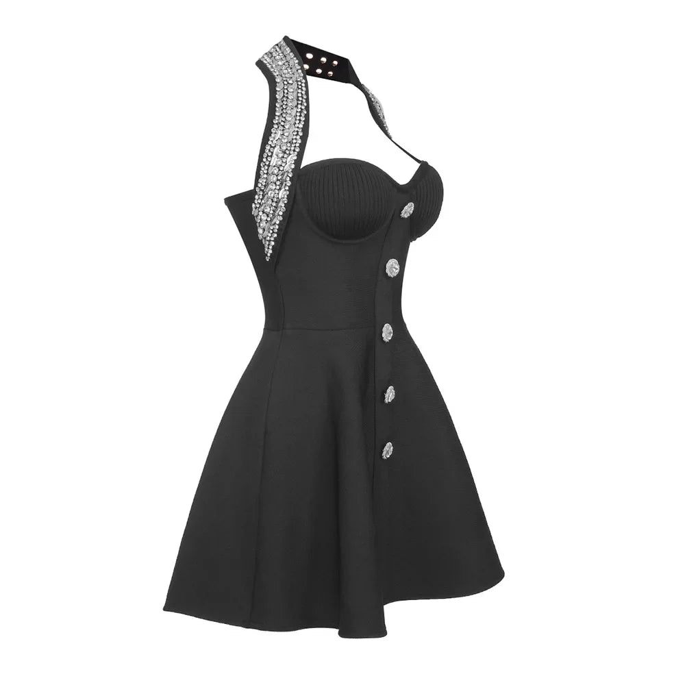 Black Rose Knitted Bandage Dress Women Summer Fashion Diamonds Halter Single Breasted A Line Mini Dress Celebrity Evening Party