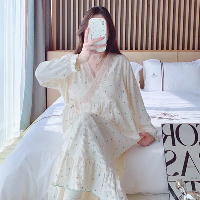 2025 Summer Pregnant Women Clothes Fashion Sweet Lace Patchwork V-neck Maternity Nursing Nightgowns Sleep Lounge Dress Lactation