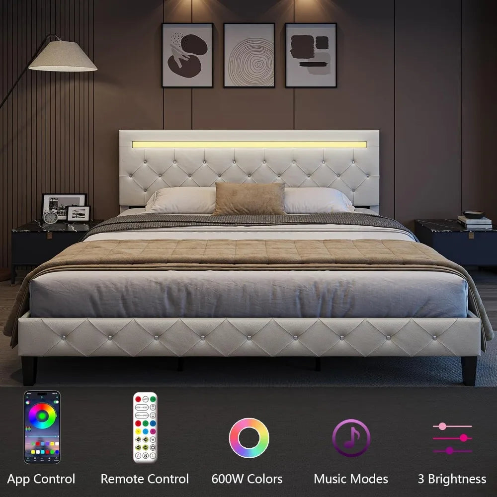Bed Frame with LED Lights, Upholstered Platform Bed Frame, Adjustable Headboard with Charging Station, Wooden Slats Support