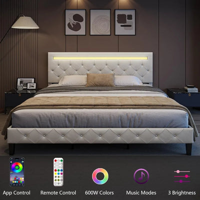 Bed Frame with LED Lights, Upholstered Platform Bed Frame, Adjustable Headboard with Charging Station, Wooden Slats Support