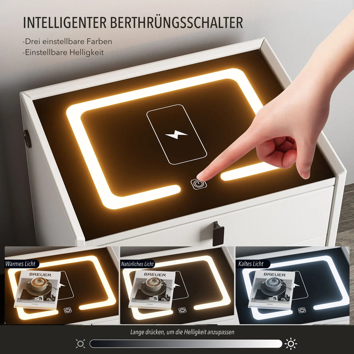 Smart Bedside Table with Wireless Charging, Nightstand with LED Light, 2 Drawers Nightstand, LED Bedside Table for Living
