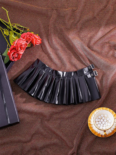 Sexy PU Leather Pleated Skirt Women Solid Basic Mini Skirt Low Waist Skirt Female Nightwear Micro Bikini Skirts Nightclub Skirts