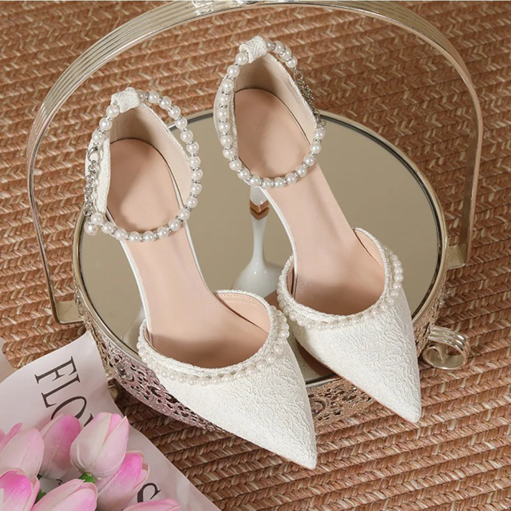 High Heeled Shoes Women's 2025 Summer with A Thin Heel and Pointed Toe A Straight Cut Lace Surface White Pearl Bridal Shoe Women