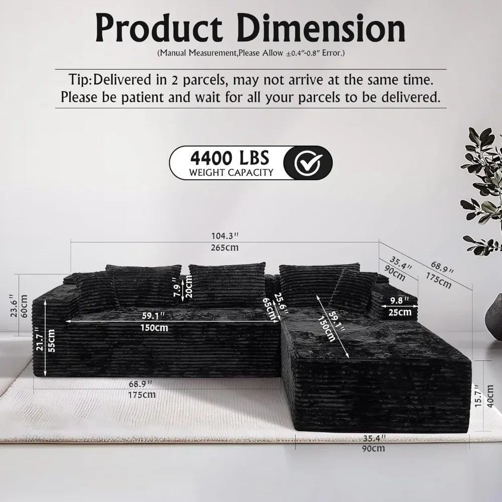 104" Black Corduroy L-Shaped Sectional | Cloud Sofa • Deep Seat • No Assembly | Modern Modular Living Room