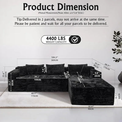 104" Black Corduroy L-Shaped Sectional | Cloud Sofa • Deep Seat • No Assembly | Modern Modular Living Room