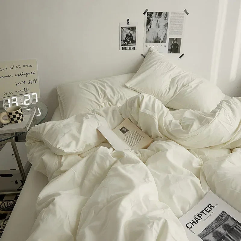 High Quality  Solid Color Double Washed Cotton Bedding 4 Pieces Set Student Dormitory Bed Linen Duvet Set Bed Suit