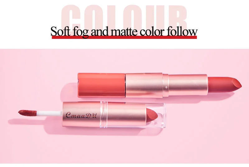 2 In 1 Double-ended Lipstick Lip Liner Pen Matte Pigment Non-stick Cup Skin Color 24H Lasting Waterproof Makeup Beauty Cosmetics