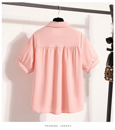 Plus Size Polo Shirt Women Summer 2025 New Korean Style Large Size Loose Chiffon Blouse Women Slim Waist Casual Tops Female