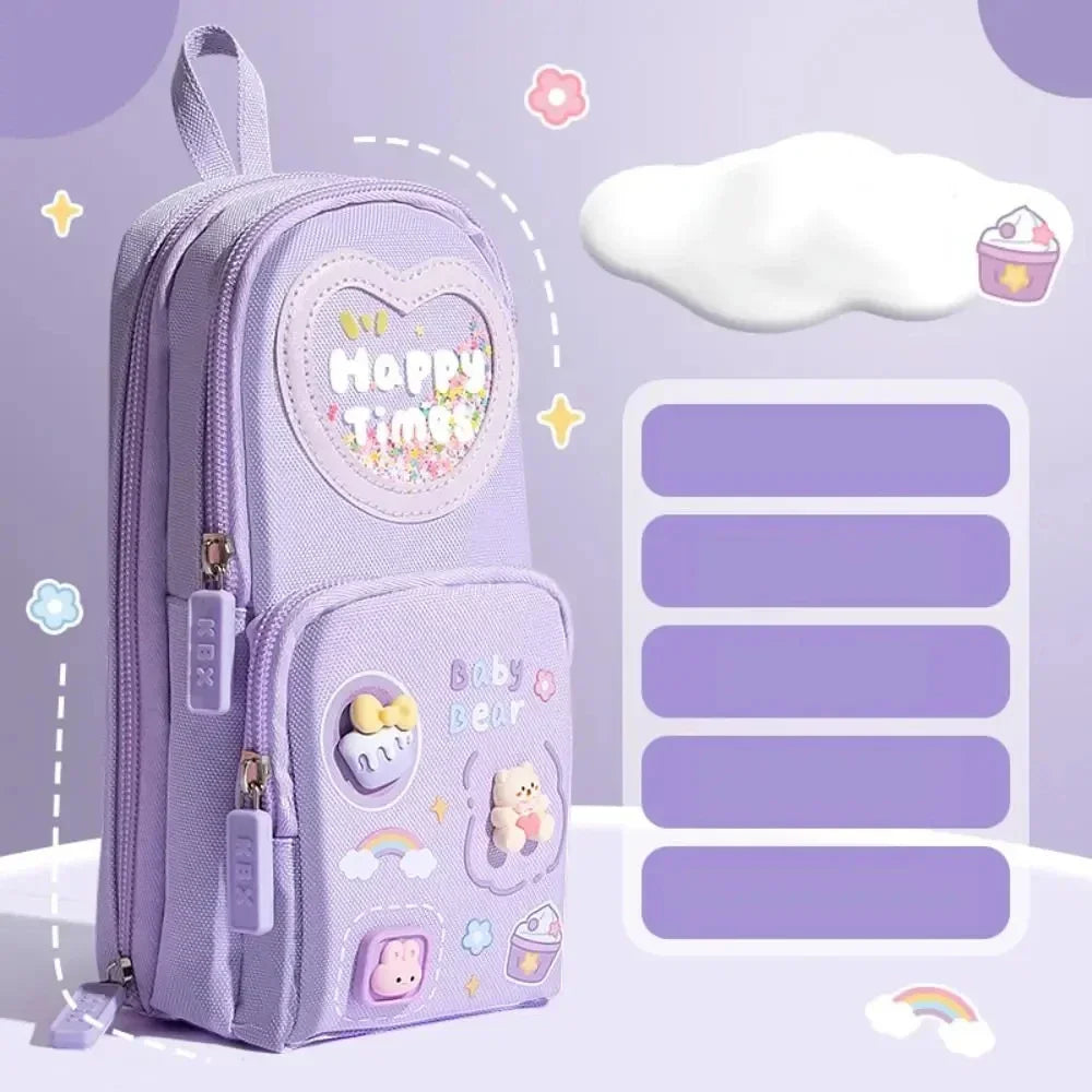 3Layer 6 Pockets Large Capacity Schoolbag shape Pencil Case Pencil Bag Aesthetic Stationery Holder Bag Girls Zipper Pencil Pouch