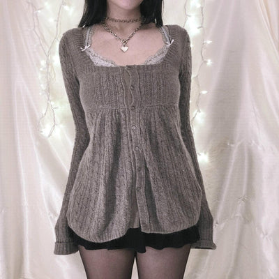 00s Aesthetic Kawaii Knitwear T-shirt Women Clothes Coquette Grunge Y2K 00s Vintage Sweater Single Breasted Long Sleeve Cardigan