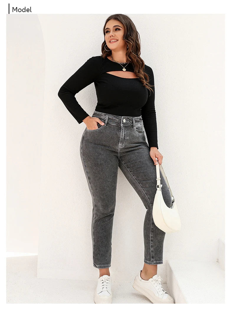 Plus Size Gray Jeans for Women Stretchy High Waist Mom Jeans Harem Full Length Washing Denim Jeans Curvy Fitting 100 Kgs Jeans