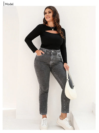Plus Size Gray Jeans for Women Stretchy High Waist Mom Jeans Harem Full Length Washing Denim Jeans Curvy Fitting 100 Kgs Jeans