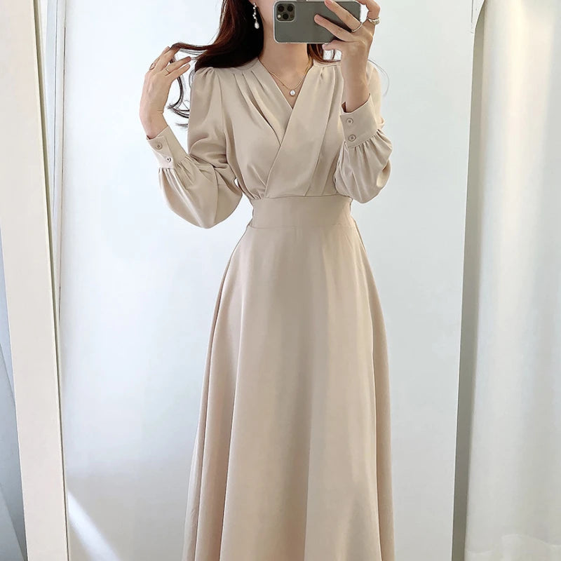 Jielur Harajuku V-neck Puff Sleeve A-line Maxi Dress Woman Solid Color Midi Robe Korean Office Dresses Elegant Spring Dress Lady