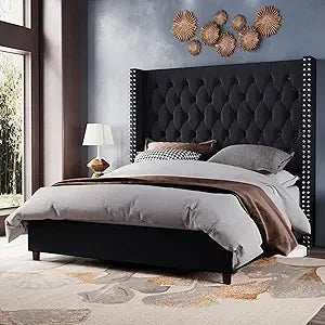 Queen Size Velvet Wingback Bed Frame with 61.4" High Headboard, Handcrafted Pleats and Deep Platform Design