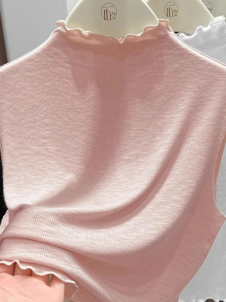 2025 Ruffled Knitted Top Women Y2K Tank Top Half Neck Vest Female Sleeveless Sweater Chic Soft Streetwear Solid Skinny Tube Top
