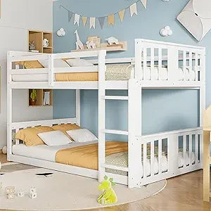 Low Bunk Beds Twin XL Over Queen Floor Bunk Bed with Ladder and Guardrail Wood Detachable Bunk Bed Frame for Boys, Girls, No Spr