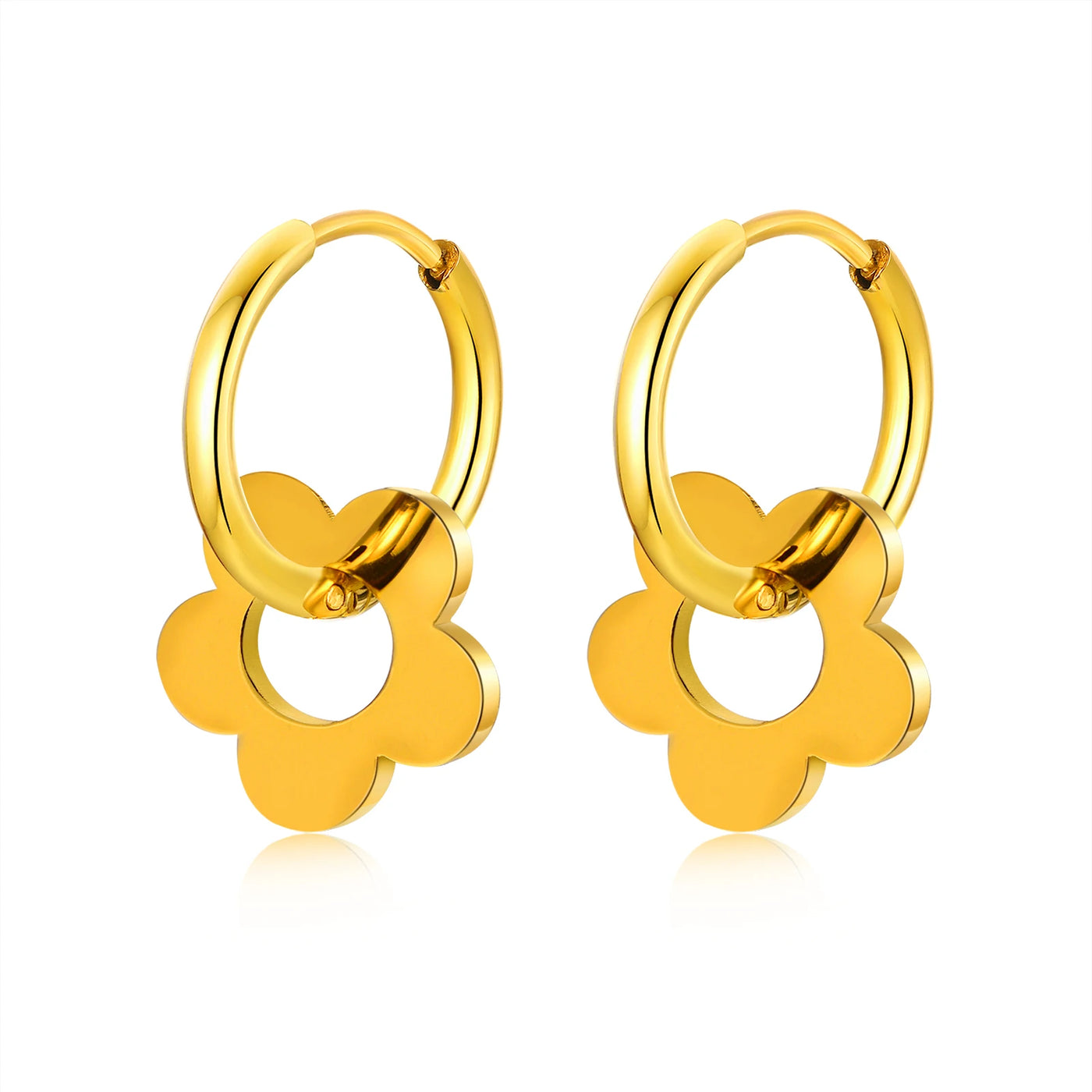 Gold Color Flower Earrings, Stainless Steel Huggie Hoop Earrings, Hypoallergenic Retro Style Bohe Ear Jewelry