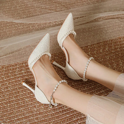 High Heeled Shoes Women's 2025 Summer with A Thin Heel and Pointed Toe A Straight Cut Lace Surface White Pearl Bridal Shoe Women