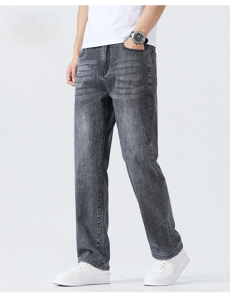 Summer Thin Straight Jeans Men's Clothing Soft Breathable Trousers Male Brand Comfortable Business Loose Denim Pants