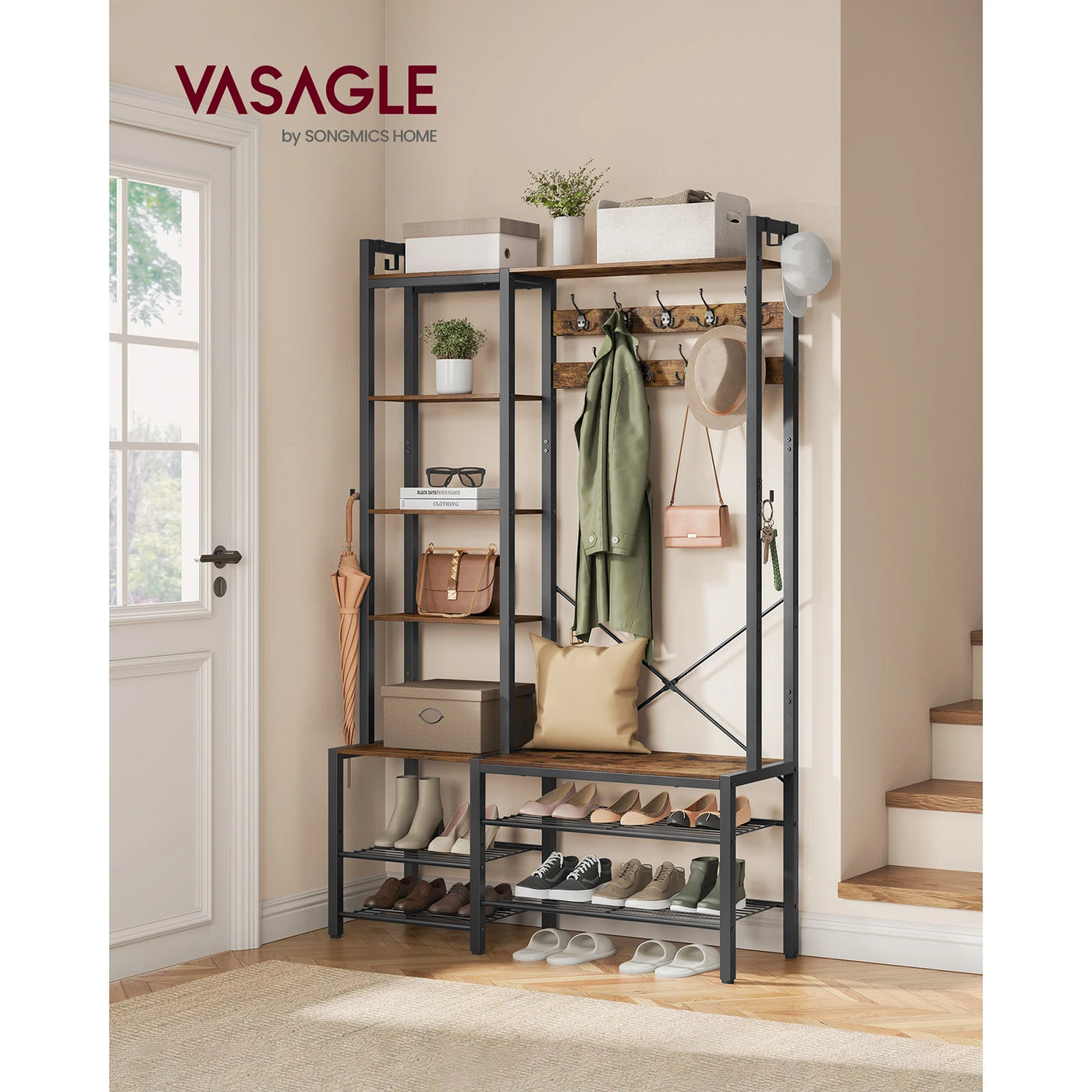 Hall Tree with Bench, Shoe Storage, Coat Rack, 5 Shelves, 9 Coat Hooks, 6 Side Hooks, 140 x 120 x 190 cm