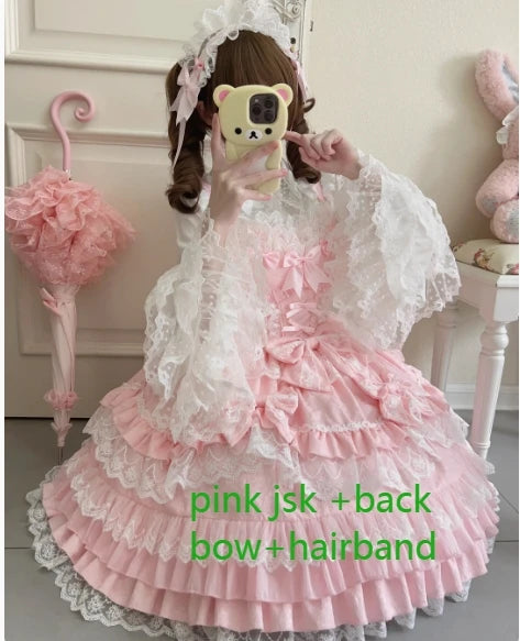 Original Lolita Dress Set Doll Feeling Girl Women's Sweet Jsk Suspender Dress Princess Fairy Lace Bow Sling Cake Dresses