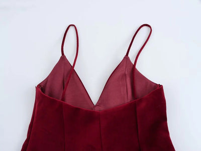 TRAFZA-Women Sexy Velvet Mini Dress Thin Strap Backless Burgundy Dress New 2025 Fashion Date Romantic Party Dress