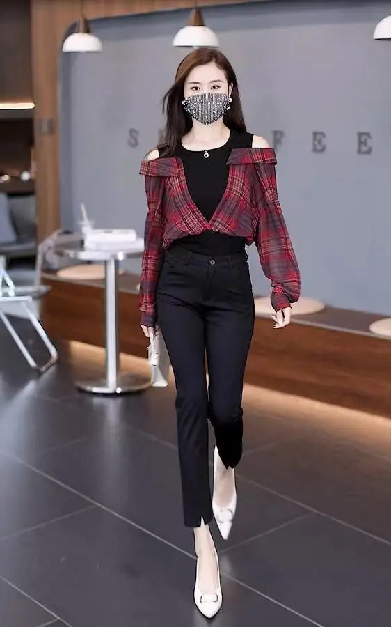 Fake Two Pieces Chiffon Silk Blouse for Women Off Shoulder Top Cool Blue Stripe Cotton Satin Shirt Woman Particular Trends Youth