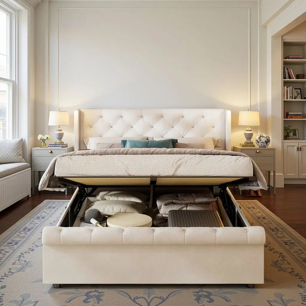 Double bed, 140x190 cm, equipped with LED strip and USB port, with a hydraulic storage chest, velvet fabric