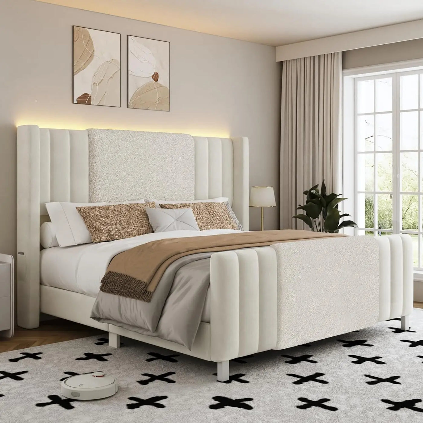 Queen Size Bed Frame with Tall Headboard and Footboard, Boucle and Velvet Upholstered Bed Frame Queen with LED Lights