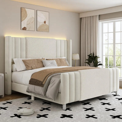 Queen Size Bed Frame with Tall Headboard and Footboard, Boucle and Velvet Upholstered Bed Frame Queen with LED Lights