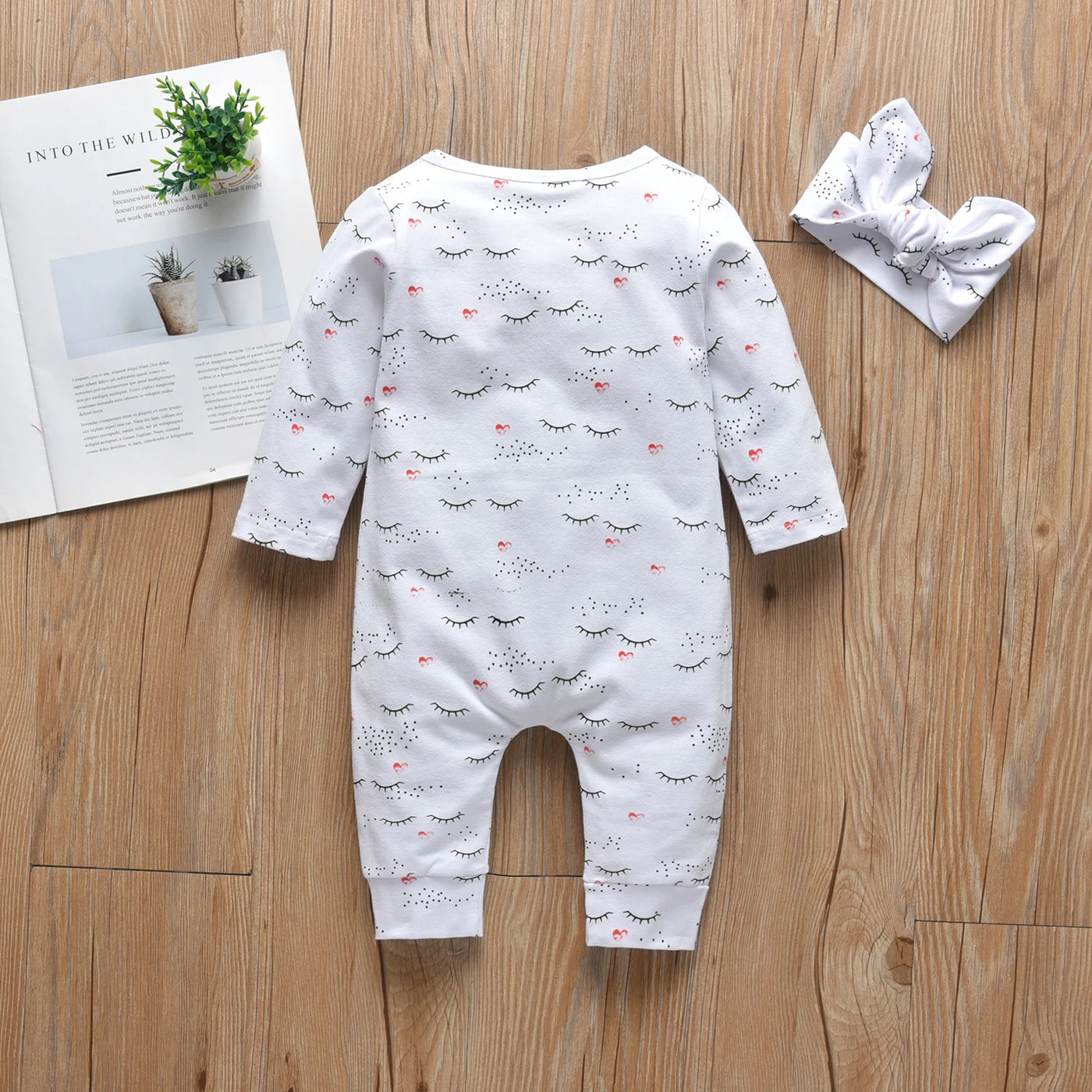 2pcs Infant Baby Girls Clothes Fashion Printed Cotton Long Sleeve Romper Jumpsuit with Headband Newborn Clothing for 0-18month