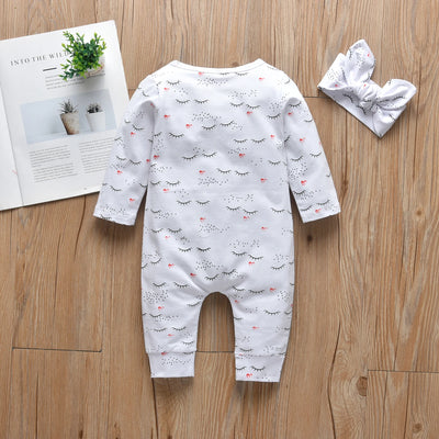 2pcs Infant Baby Girls Clothes Fashion Printed Cotton Long Sleeve Romper Jumpsuit with Headband Newborn Clothing for 0-18month