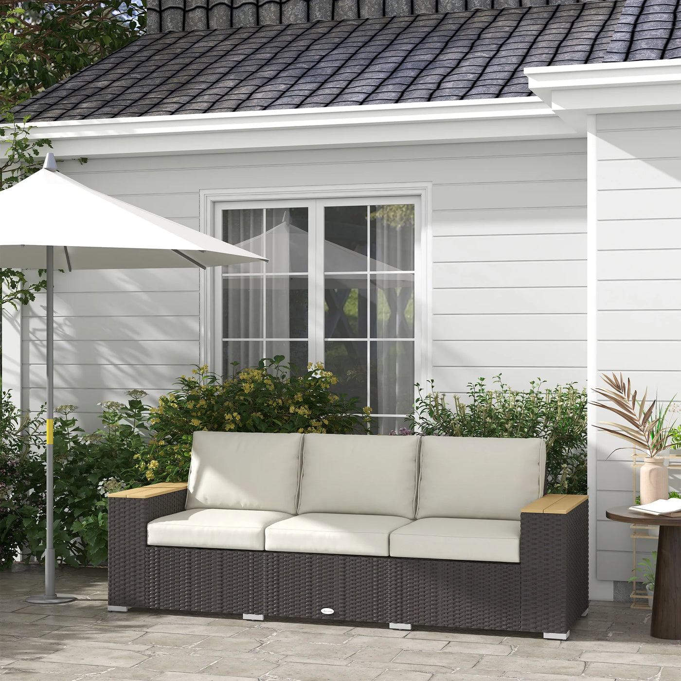 3-Seat Outdoor Patio Sofa with Cushions, Pe Rattan Wicker Sofa, Navy Blue