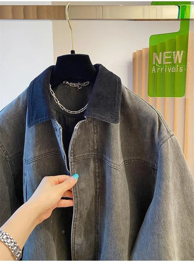Contrasting Corduroy Spliced Denim Jacket for Women Mid Length Loose Coat Autumn Winter Pocket Outwear Versatile