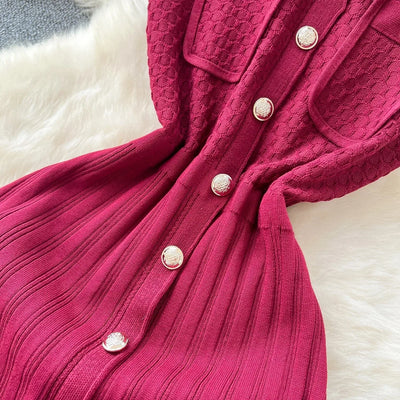 Women's Round Neck Sleeveless Dress Single-breasted Chic Elasticated Waist Slim Long Skirt   New High Quality Knitted Dress