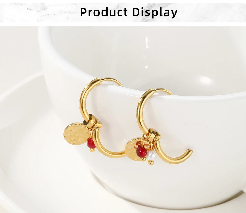 YACHAN 18K Gold Plated Stainless Steel Hoop Earrings for Women Tap Texture Metal Pearl Charms Earring Trendy Jewelry Gift