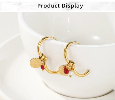 YACHAN 18K Gold Plated Stainless Steel Hoop Earrings for Women Tap Texture Metal Pearl Charms Earring Trendy Jewelry Gift