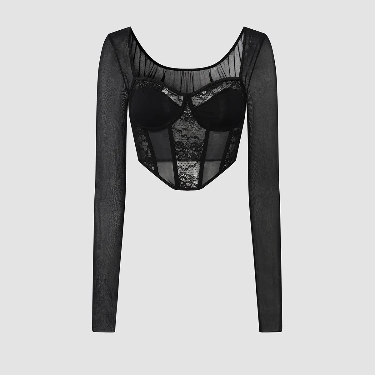 Sexy Lace Mesh Long sleeved Bustier Women's Y2k Corset Gauze Backless Slim Crop Top Square Neck Casual Tank Top T-shirt Camisole