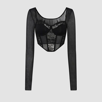 Sexy Lace Mesh Long sleeved Bustier Women's Y2k Corset Gauze Backless Slim Crop Top Square Neck Casual Tank Top T-shirt Camisole