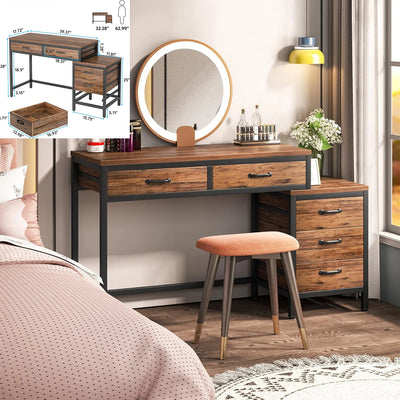 Vanity Desk with 3 Drawers, 59-Inch Large Dressing Table with Reversible Drawers, Chic Makeup Desk(Rustic Brown) (Only Desk)