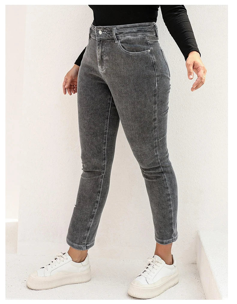 Plus Size Gray Jeans for Women Stretchy High Waist Mom Jeans Harem Full Length Washing Denim Jeans Curvy Fitting 100 Kgs Jeans