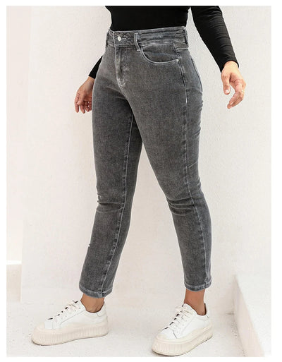 Plus Size Gray Jeans for Women Stretchy High Waist Mom Jeans Harem Full Length Washing Denim Jeans Curvy Fitting 100 Kgs Jeans