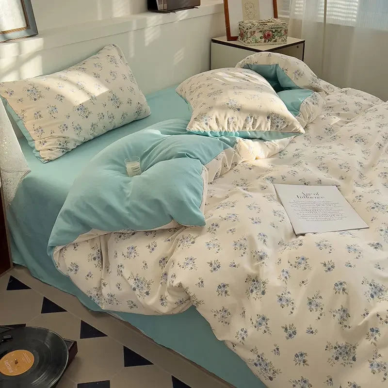 Green Floral Bedding Set Twin Full Queen Size Duvet Cover for Girls Flat Sheet Pillowcase Washed Cotton Home Linens