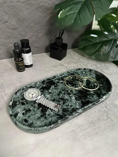 Luxury Green Marble Oval Tray: Bathroom Organizer & Fruit Serving Platter, Waterproof Stone Decor for Hotel Spa Home Kitchen