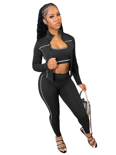 FLARORA Casual Sporty Three Piece Sets Woman Stripe Patchwork Sleeveless Vest+Jacket+Pant Outfits Female Yoga Fitness Tracksuits