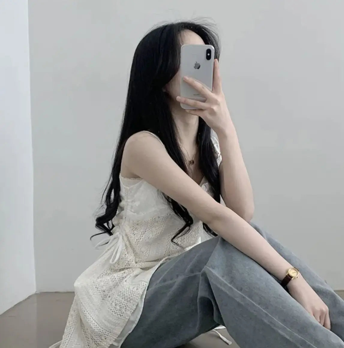 Hot Girl Korean Style Drawstring Lace-up Waist Lace Short Suspender Dresses + White Inner Wear Bottoming Sling Top Two-piece Set